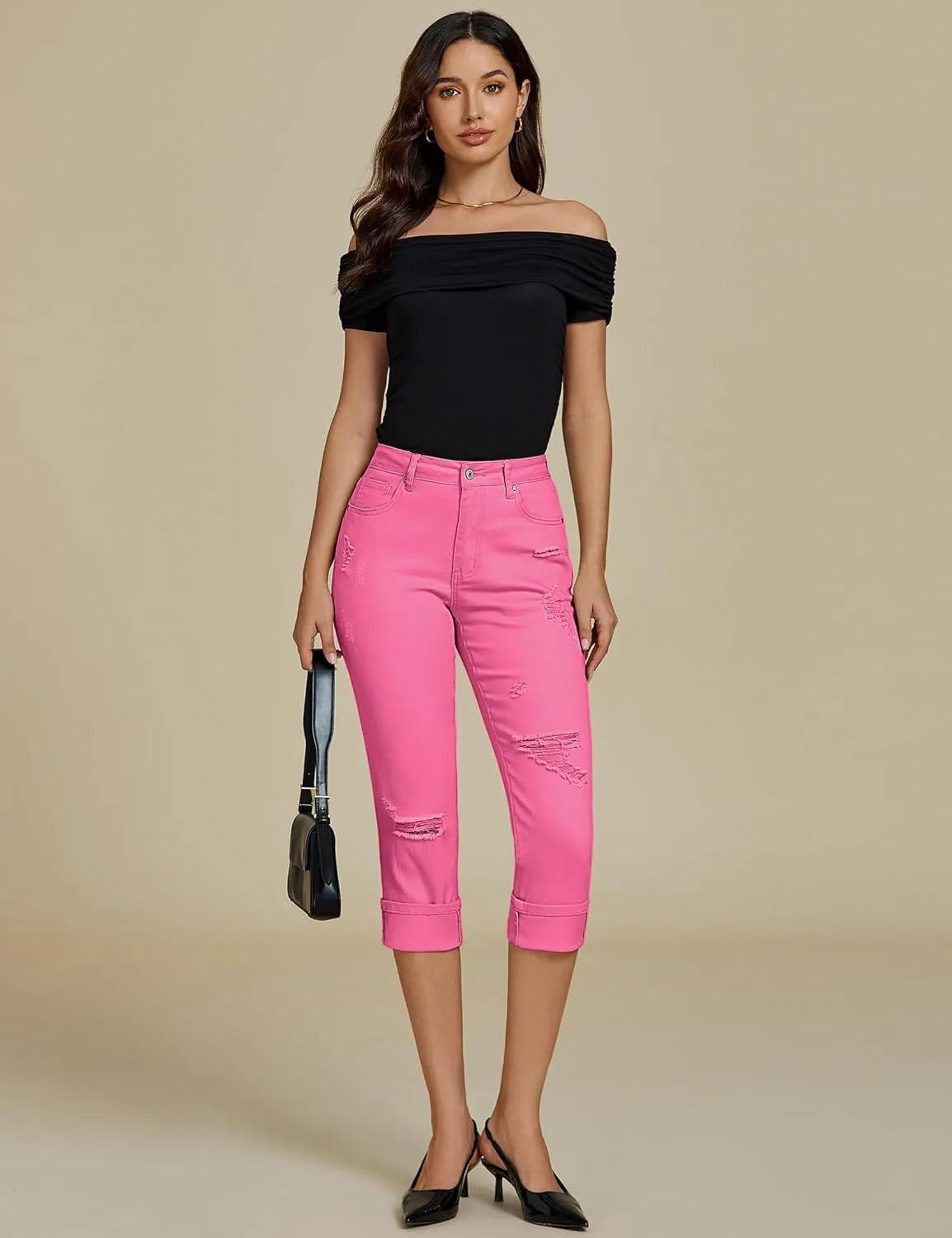 luvamia Capri Jeans for Women Stretch High Waisted Distressed Denim Capris Ripped Skinny Cropped Pants