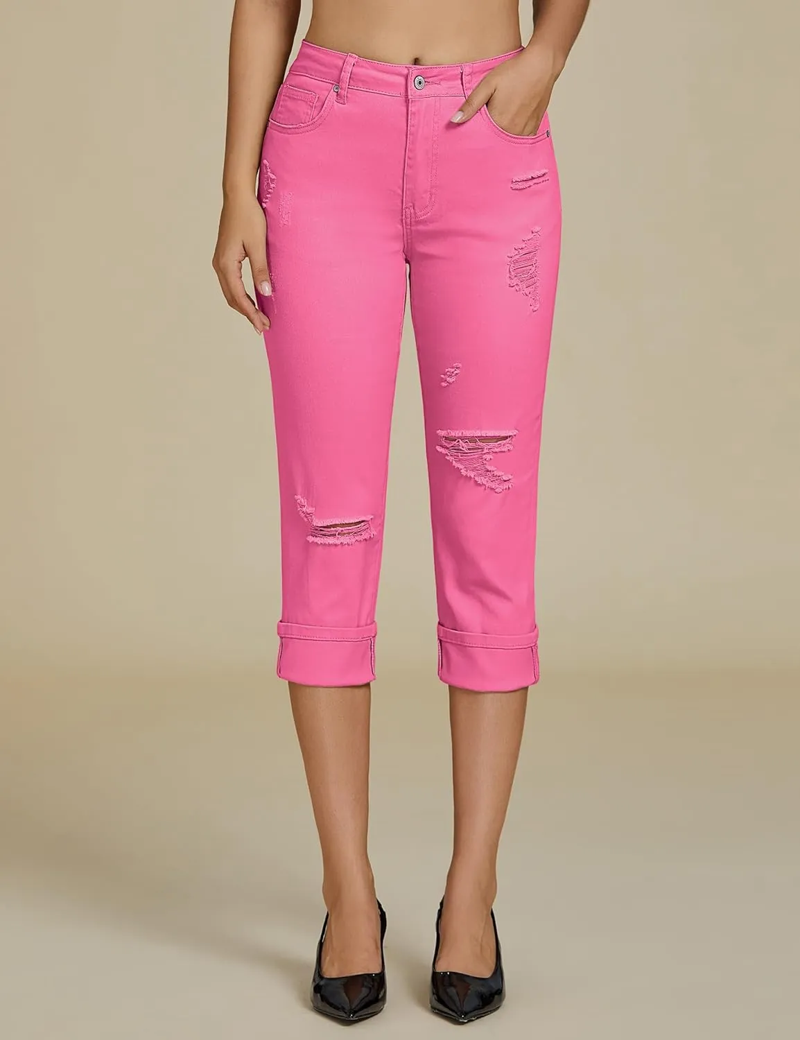 luvamia Capri Jeans for Women Stretch High Waisted Distressed Denim Capris Ripped Skinny Cropped Pants