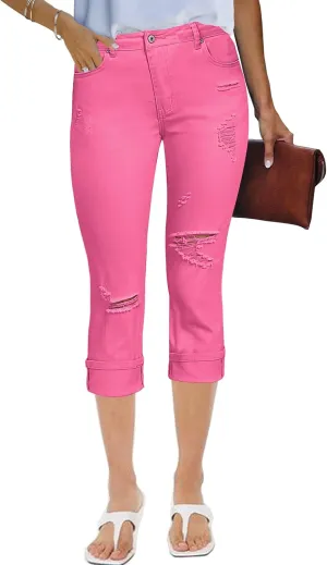 luvamia Capri Jeans for Women Stretch High Waisted Distressed Denim Capris Ripped Skinny Cropped Pants