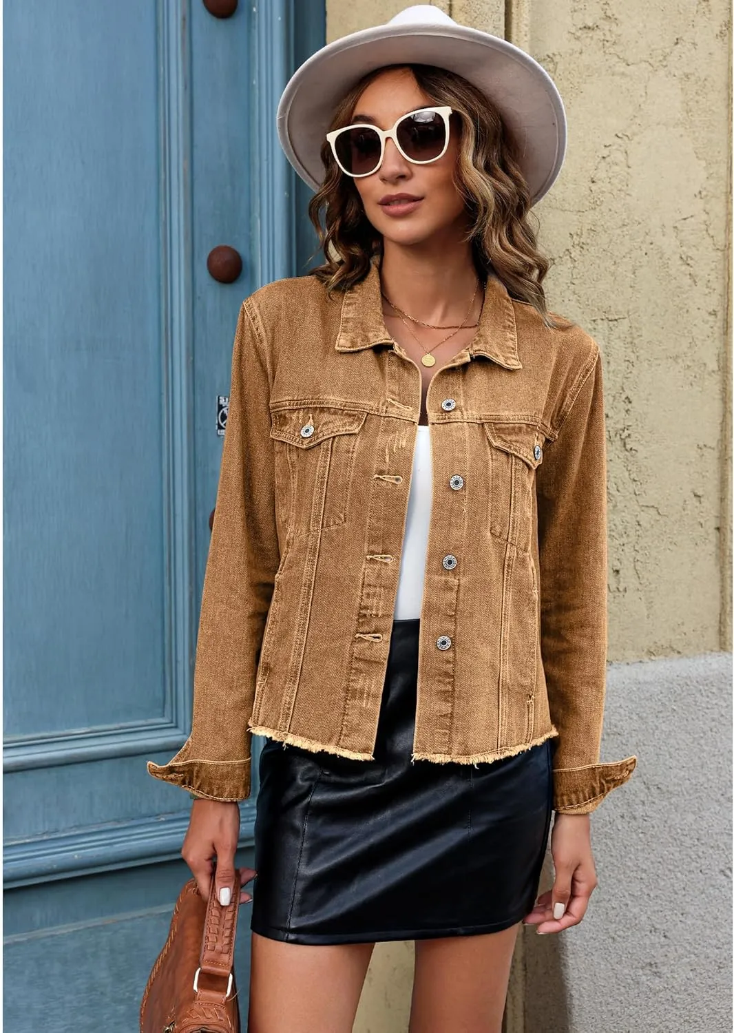 luvamia Denim Jacket for Women Distressed Jean Jackets Button Up Vintage Western Trucker Jacket Frayed Hem Pockets
