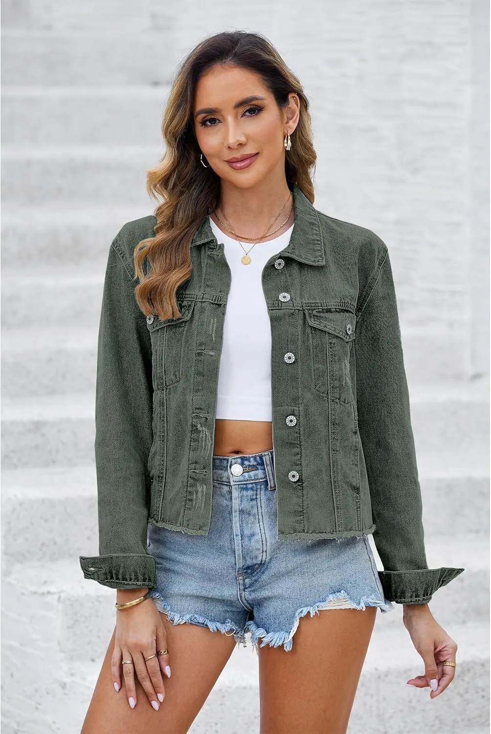 luvamia Denim Jacket for Women Distressed Jean Jackets Button Up Vintage Western Trucker Jacket Frayed Hem Pockets