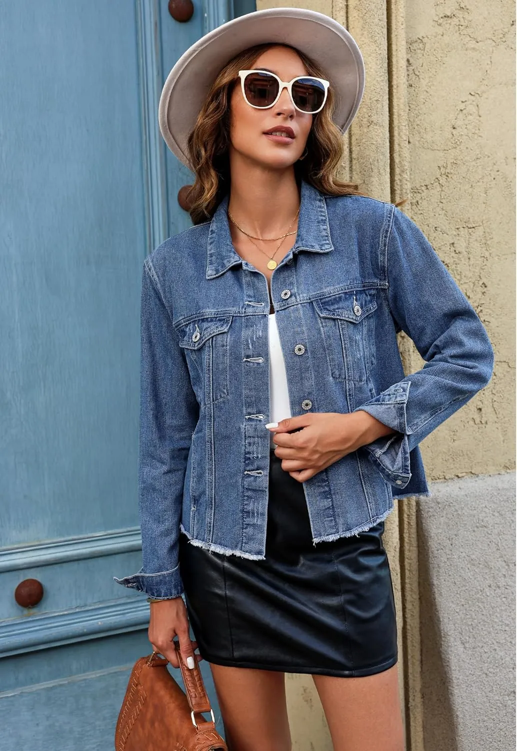 luvamia Denim Jacket for Women Distressed Jean Jackets Button Up Vintage Western Trucker Jacket Frayed Hem Pockets