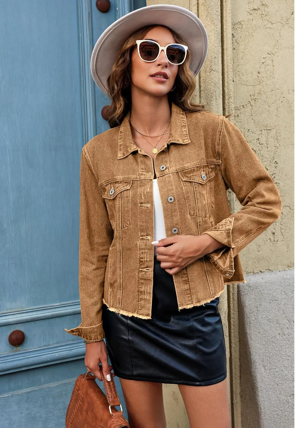 luvamia Denim Jacket for Women Distressed Jean Jackets Button Up Vintage Western Trucker Jacket Frayed Hem Pockets