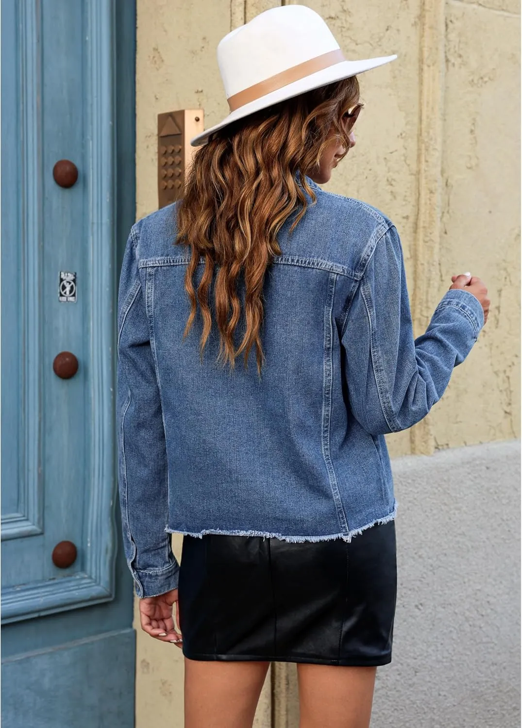 luvamia Denim Jacket for Women Distressed Jean Jackets Button Up Vintage Western Trucker Jacket Frayed Hem Pockets