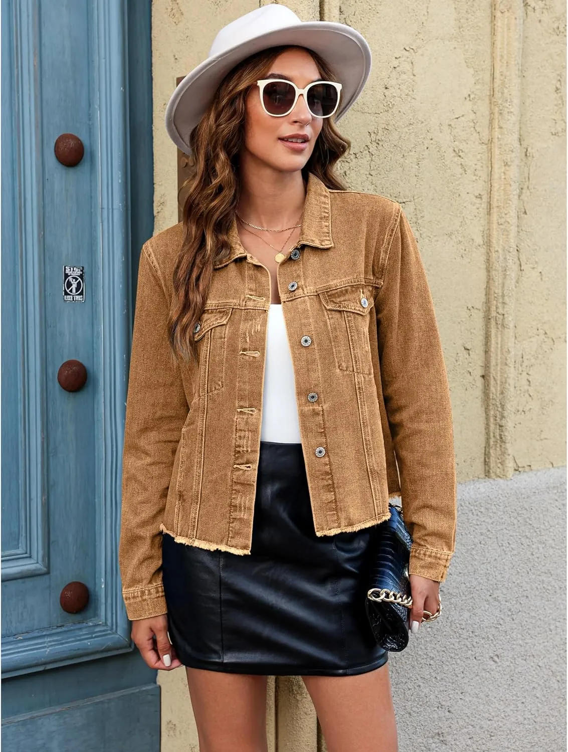luvamia Denim Jacket for Women Distressed Jean Jackets Button Up Vintage Western Trucker Jacket Frayed Hem Pockets