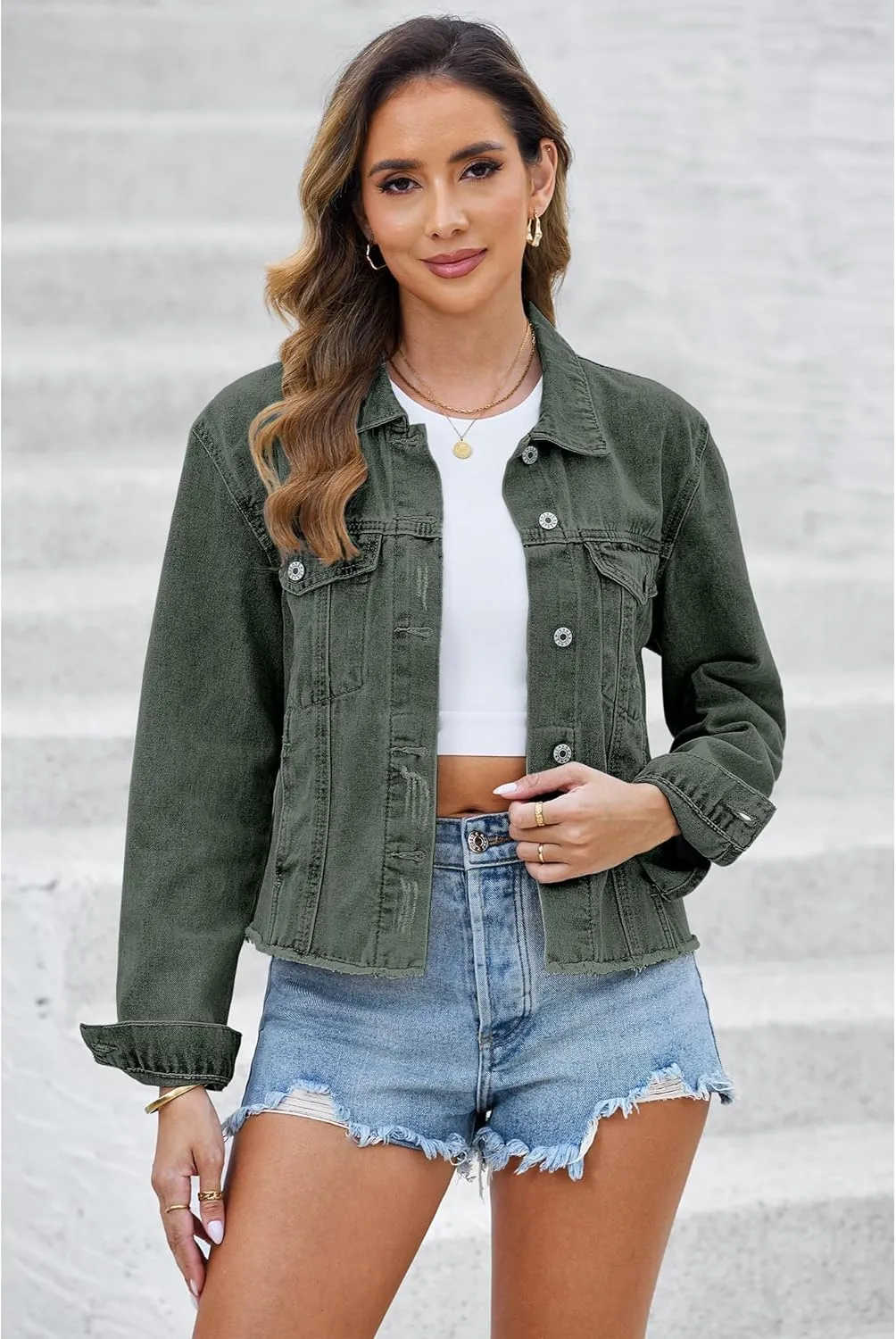 luvamia Denim Jacket for Women Distressed Jean Jackets Button Up Vintage Western Trucker Jacket Frayed Hem Pockets