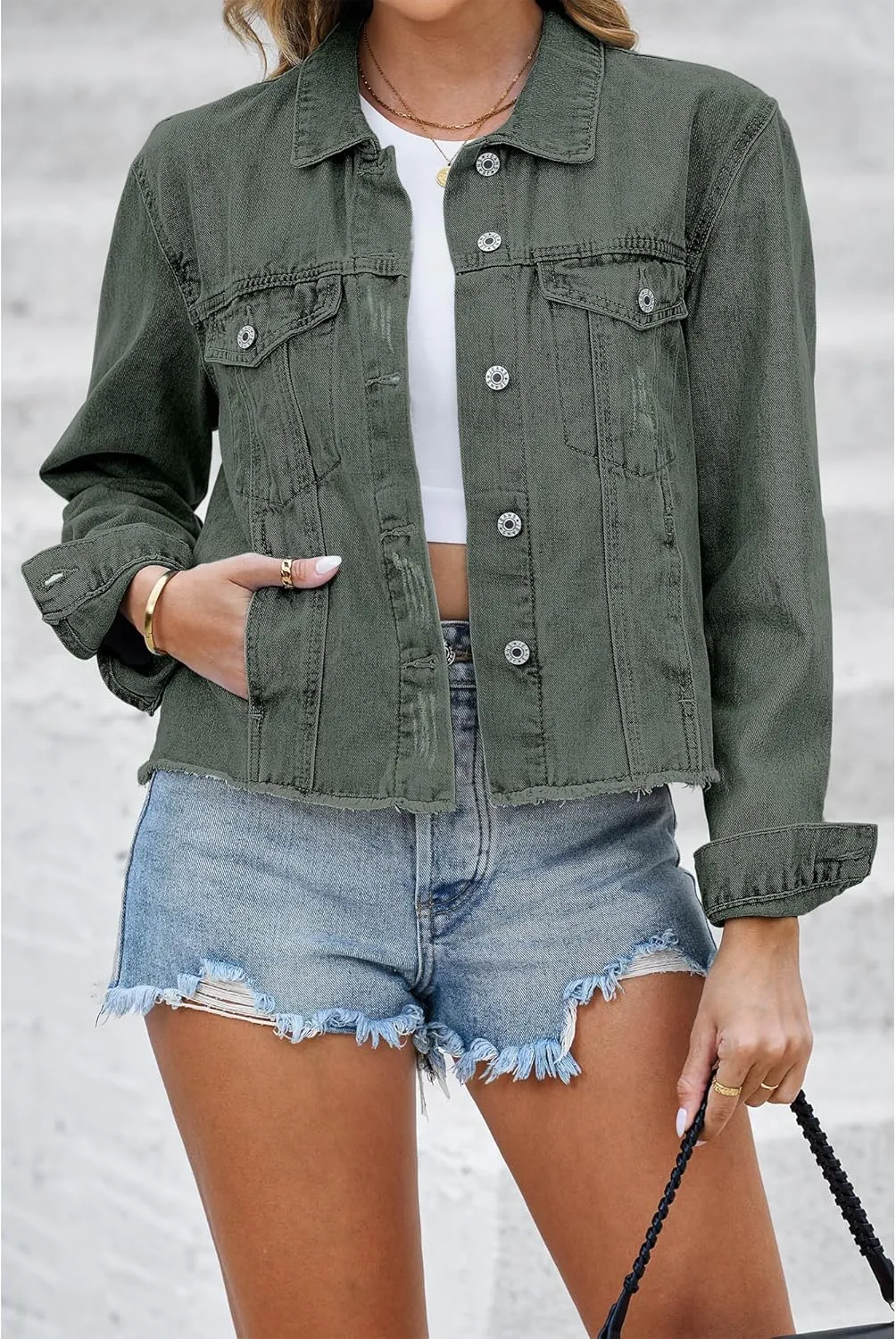 luvamia Denim Jacket for Women Distressed Jean Jackets Button Up Vintage Western Trucker Jacket Frayed Hem Pockets