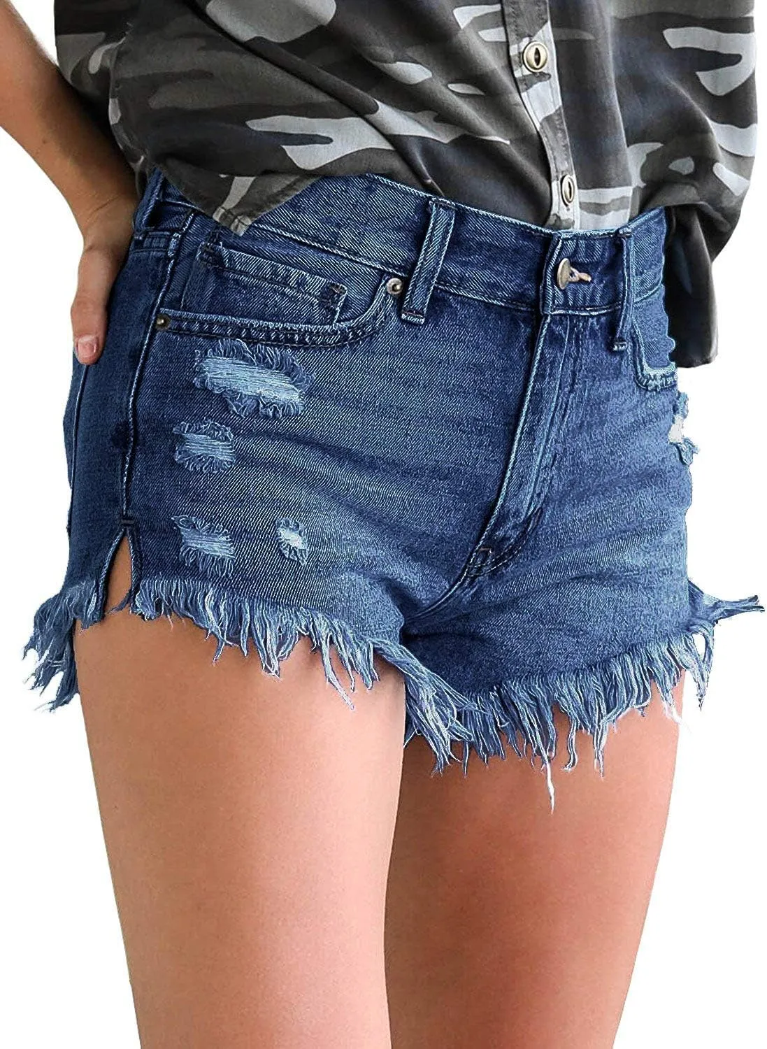 luvamia Women Casual High Waisted Denim Shorts Frayed Raw Hem Ripped Jeans Shorts
