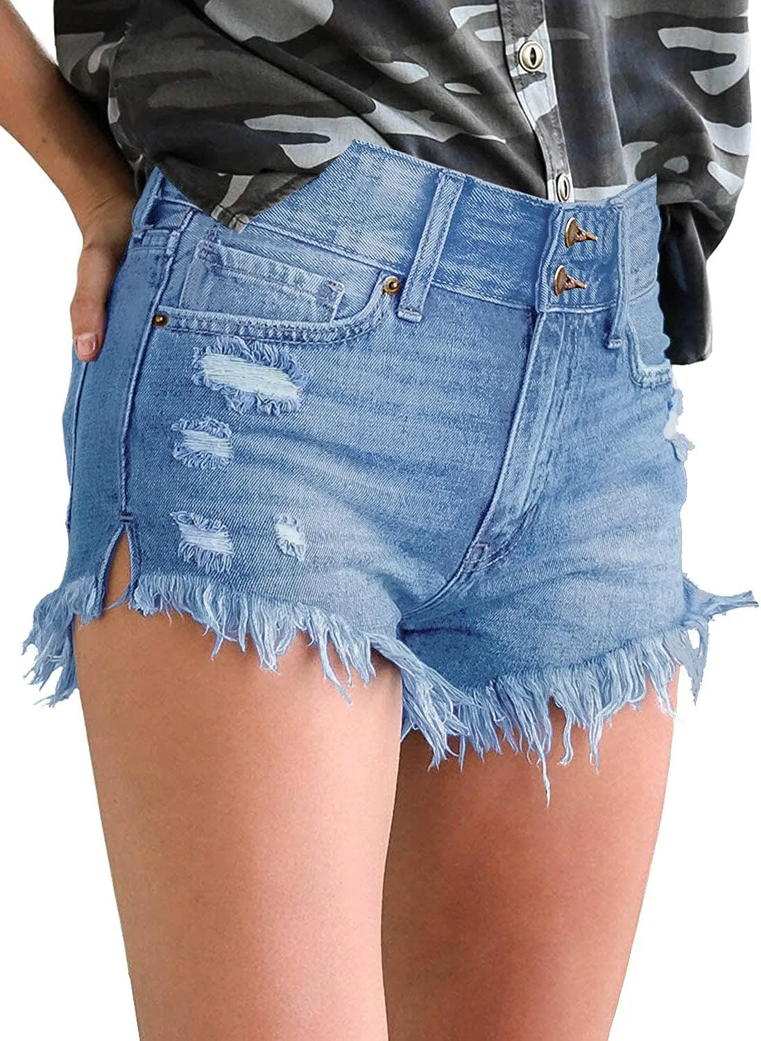 luvamia Women Casual High Waisted Denim Shorts Frayed Raw Hem Ripped Jeans Shorts