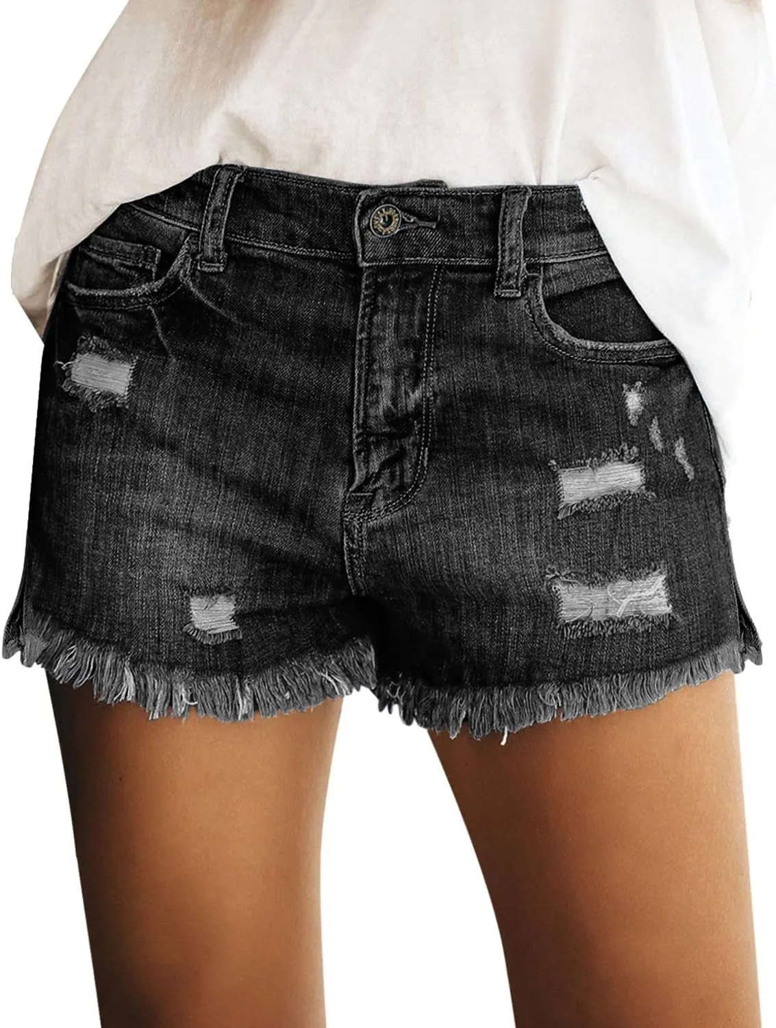 luvamia Women's Casual Mid Rise Denim Shorts Stretch Ripped Raw Hem Jean Shorts