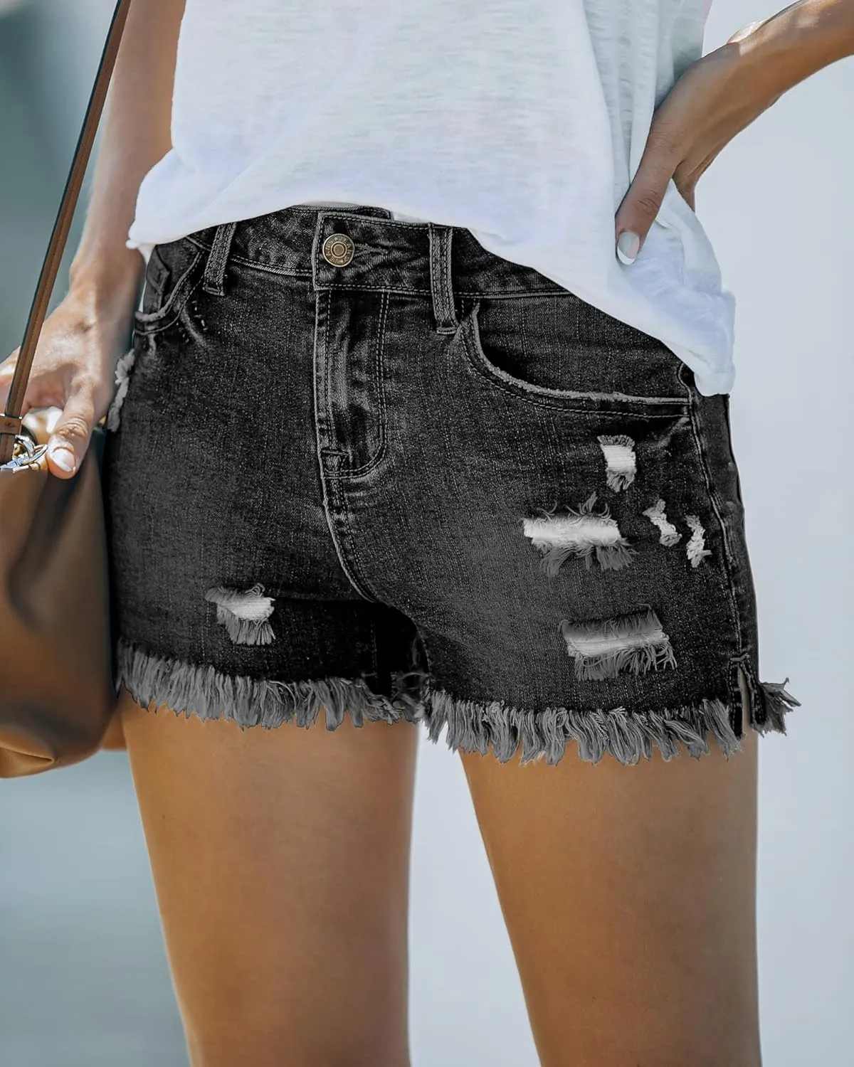 luvamia Women's Casual Mid Rise Denim Shorts Stretch Ripped Raw Hem Jean Shorts