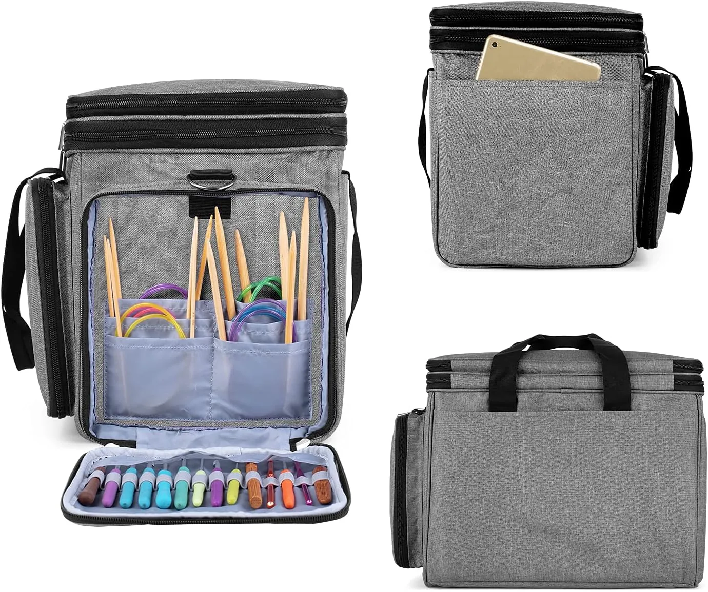 LUXJA Knitting Bag, Yarn Bag with Cover and Shoulder Strap, Yarn Tote Bag for Carrying Projects, Knitting Needles (up to 14”), Circular Needles, Crochet Hooks and Other Accessories, Gray