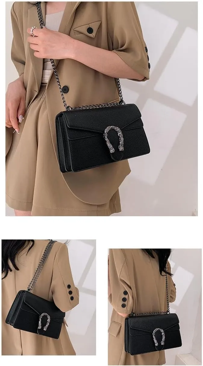 Lychee Print Crossbody Bag with Chain Strap, Metal Buckle Square Purse,Multiple Colors