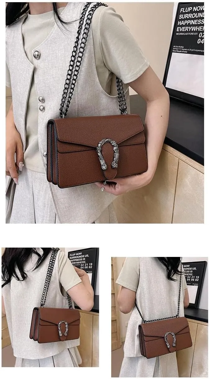 Lychee Print Crossbody Bag with Chain Strap, Metal Buckle Square Purse,Multiple Colors