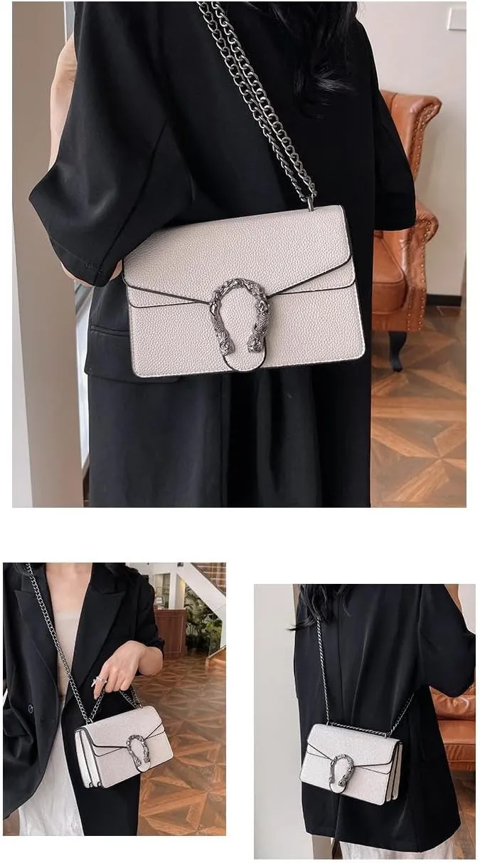 Lychee Print Crossbody Bag with Chain Strap, Metal Buckle Square Purse,Multiple Colors
