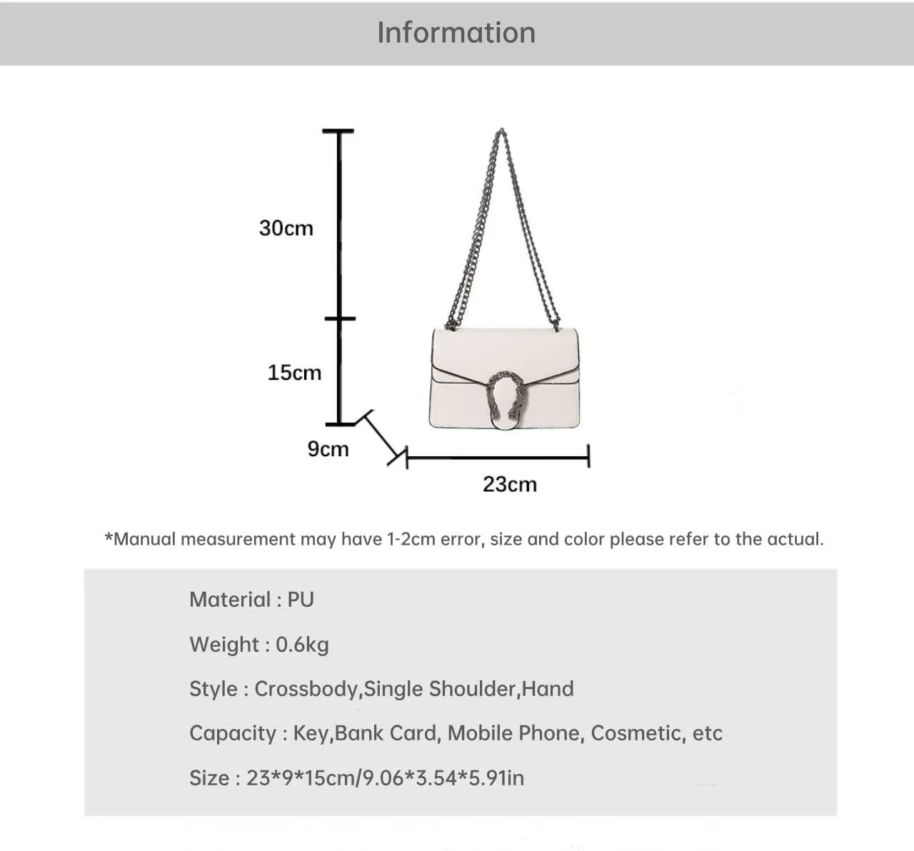 Lychee Print Crossbody Bag with Chain Strap, Metal Buckle Square Purse,Multiple Colors