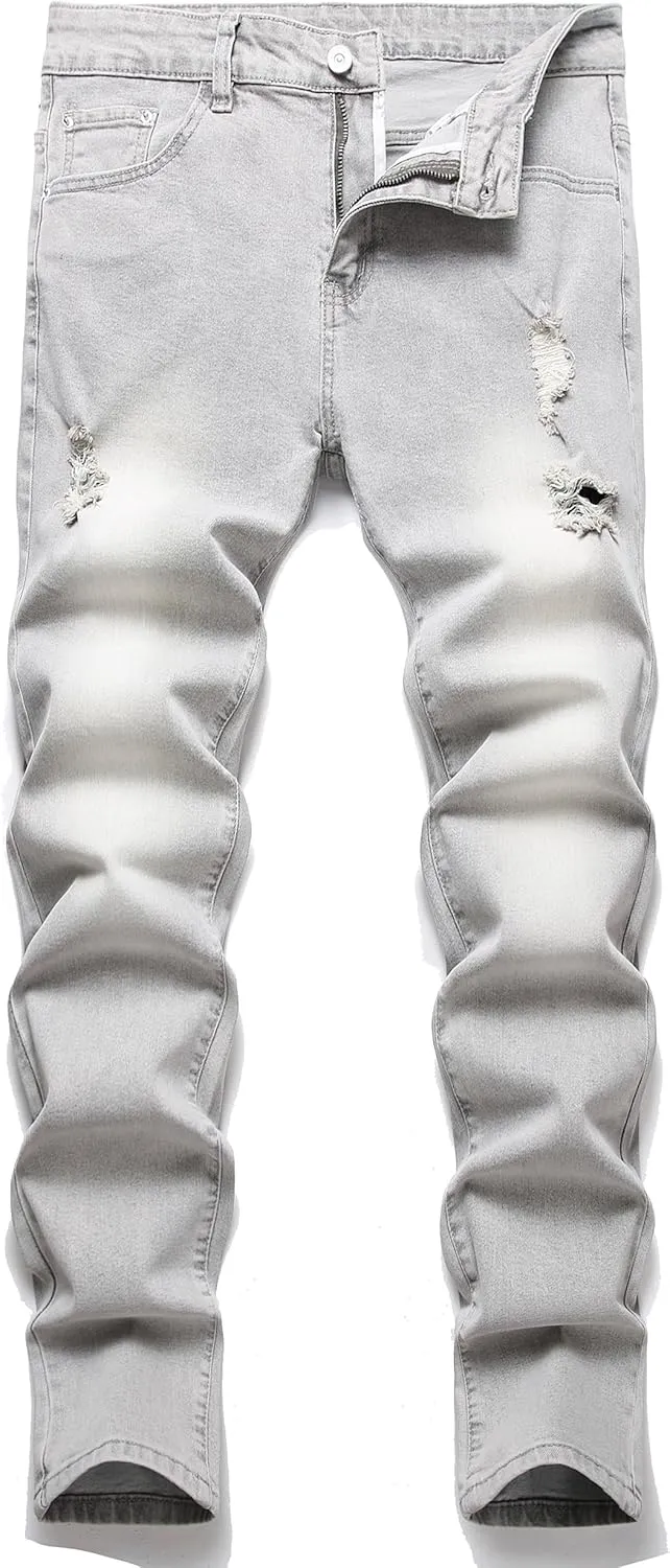 LZLER Mens Ripped Jeans,Distressed Destroyed Slim Fit Straight Leg Denim Pant with Holes