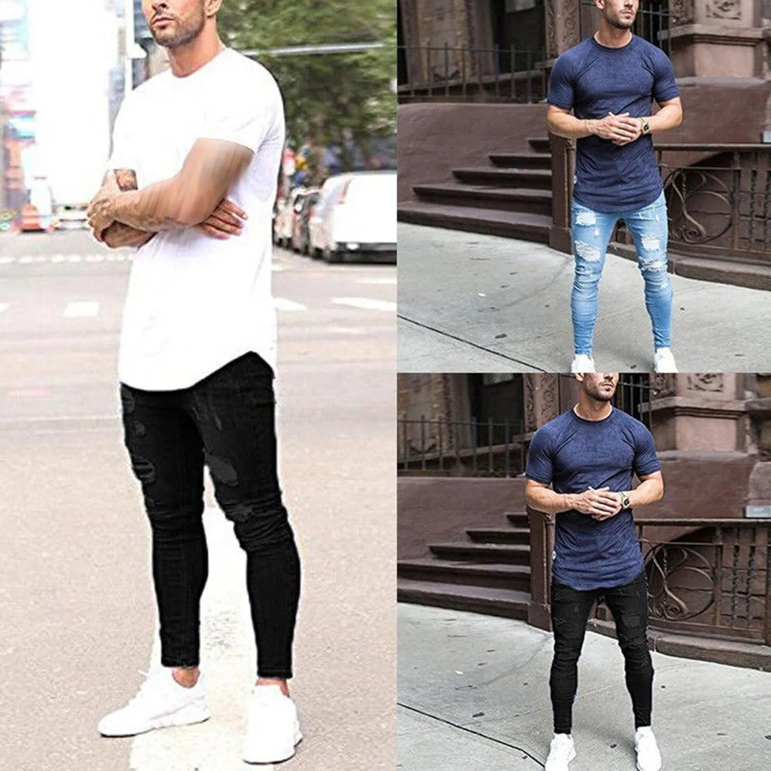 Maiyifu-GJ Men's Distressed Moto Biker Jeans Ripped Punk Gothic Zipper Denim Pants Hip hop Tapered Leg Slim Fit Jean
