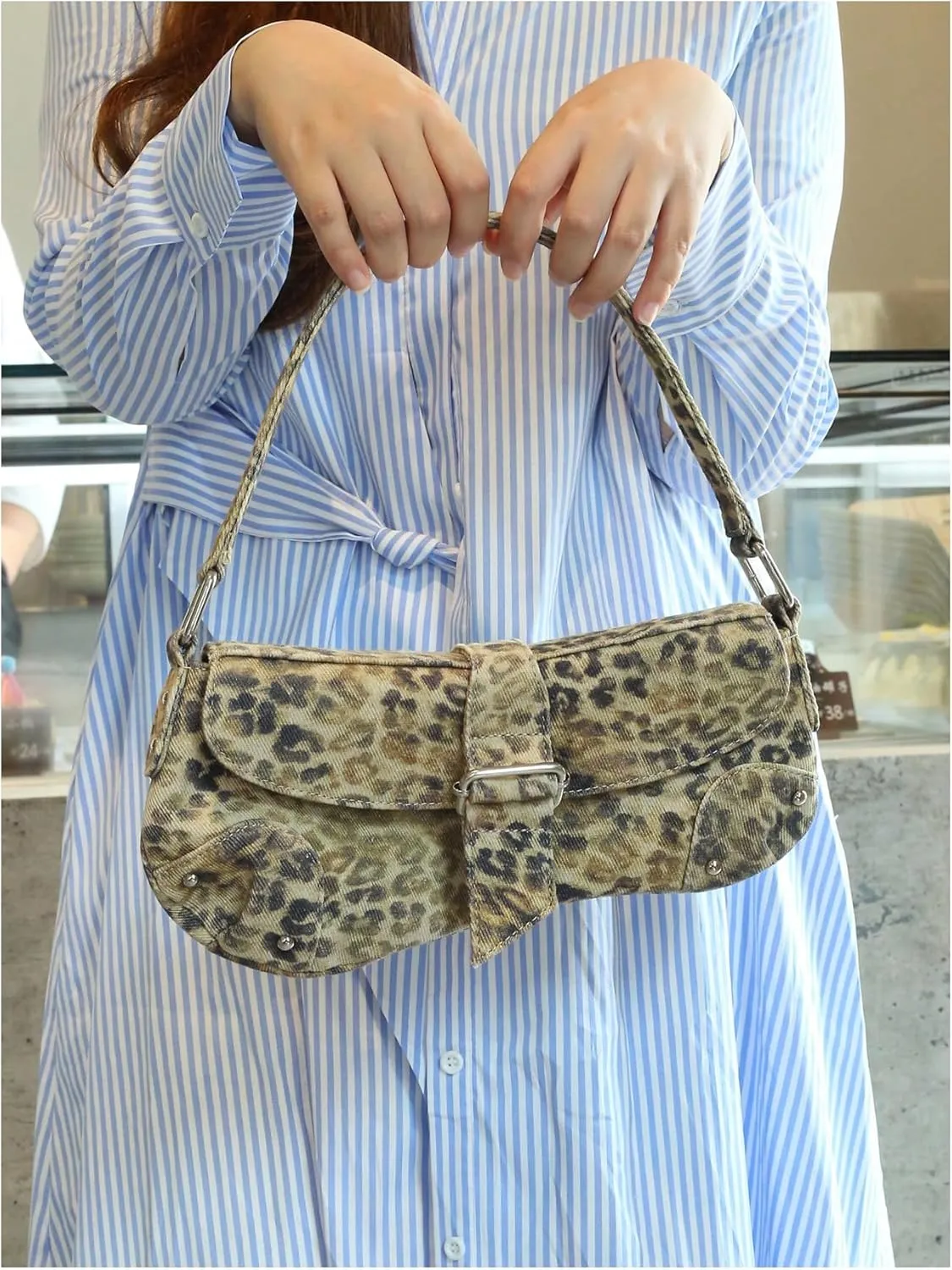 MakeMeChic Women's Leopard Print Shoulder Handbag Buckle Top Handle Y2k Underarm Bag