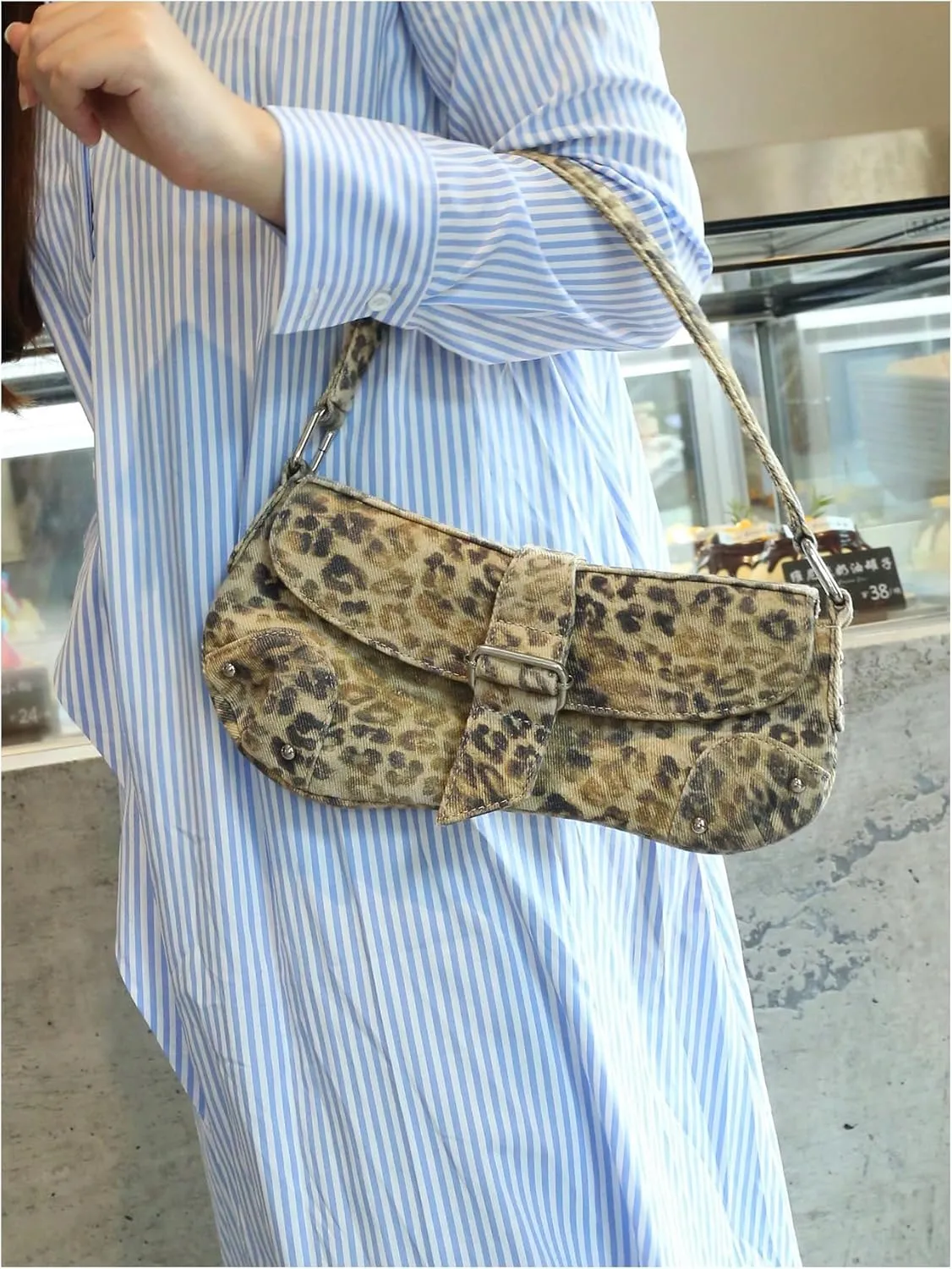 MakeMeChic Women's Leopard Print Shoulder Handbag Buckle Top Handle Y2k Underarm Bag
