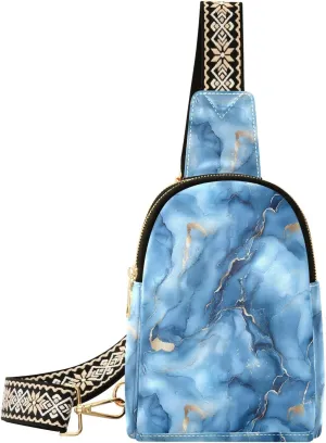 Marble Blue Compact Fashion Daypack Full-Print PU Leather Crossbody Bag with Card Pocket & Adjustable Strap for Women on the Go Festivals Travel & Hikes