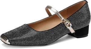 Mary Jane Shoes Women 1 Inch Low Heels Chunky Block Square Toe Dress Pumps Vintage Dressy Strap Comfortable Zapatos Width Buckle Classy Rhinestone Crystal