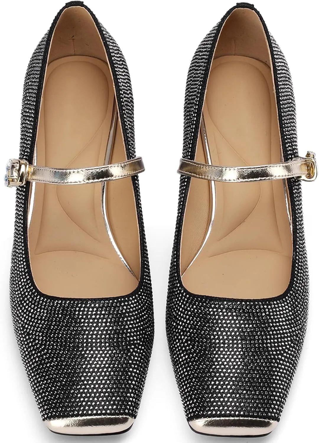 Mary Jane Shoes Women 1 Inch Low Heels Chunky Block Square Toe Dress Pumps Vintage Dressy Strap Comfortable Zapatos Width Buckle Classy Rhinestone Crystal