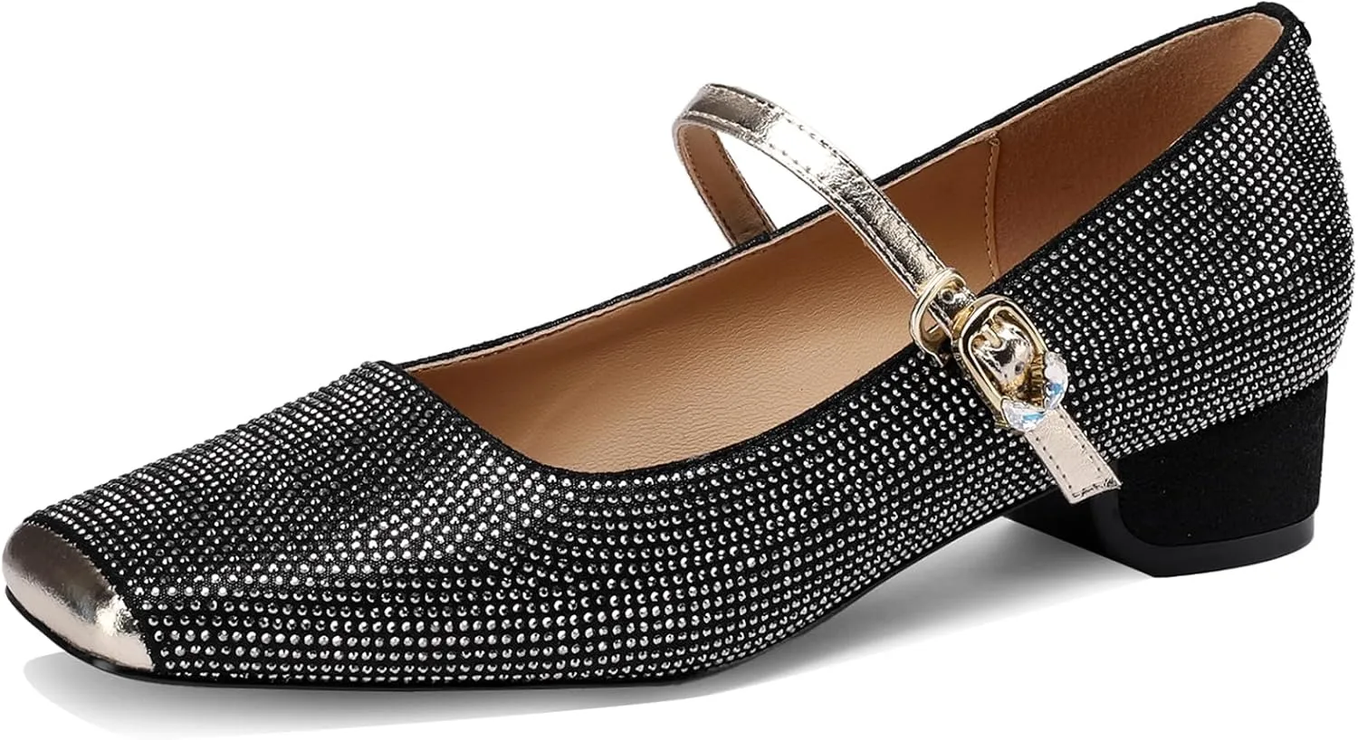 Mary Jane Shoes Women 1 Inch Low Heels Chunky Block Square Toe Dress Pumps Vintage Dressy Strap Comfortable Zapatos Width Buckle Classy Rhinestone Crystal