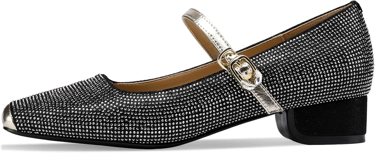 Mary Jane Shoes Women 1 Inch Low Heels Chunky Block Square Toe Dress Pumps Vintage Dressy Strap Comfortable Zapatos Width Buckle Classy Rhinestone Crystal