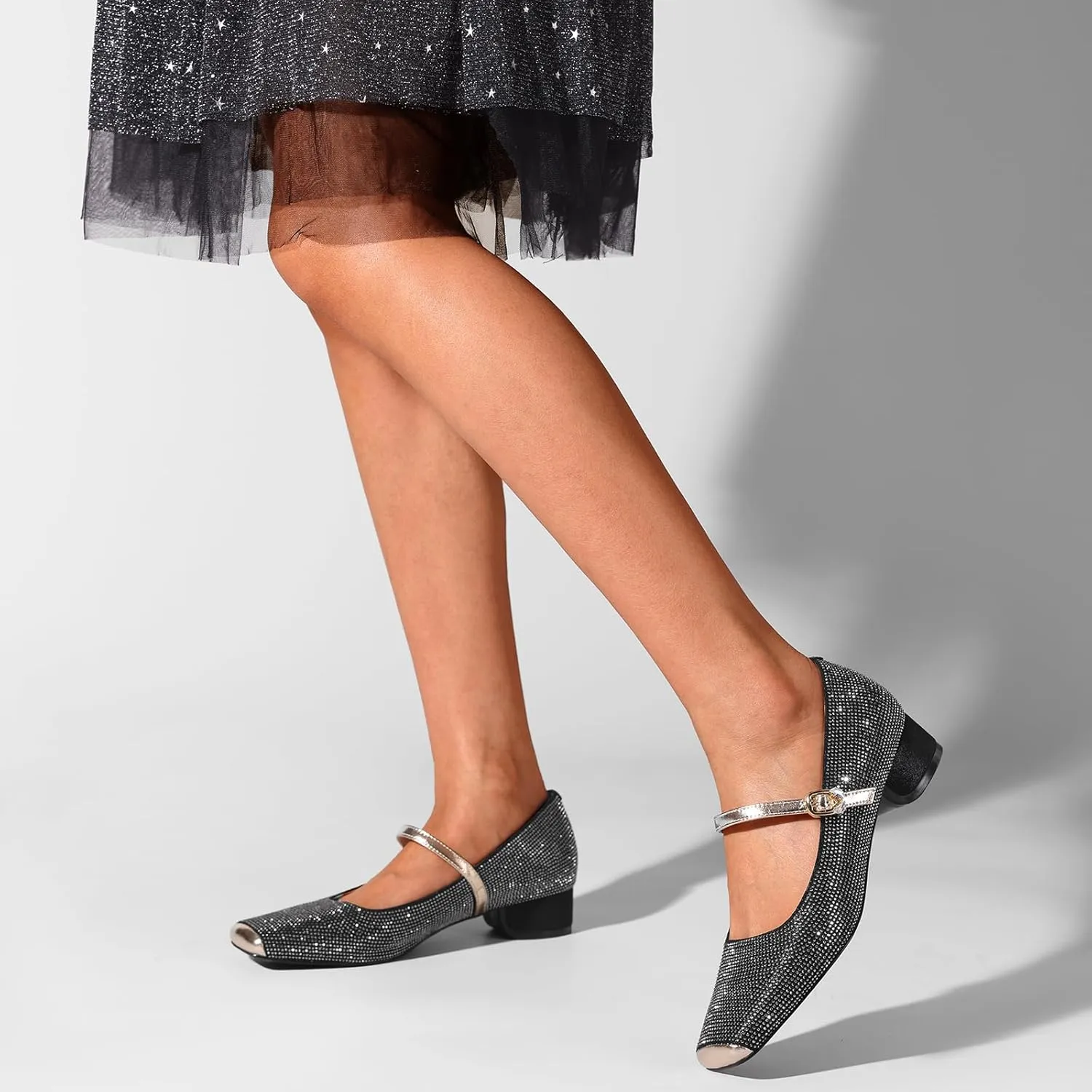 Mary Jane Shoes Women 1 Inch Low Heels Chunky Block Square Toe Dress Pumps Vintage Dressy Strap Comfortable Zapatos Width Buckle Classy Rhinestone Crystal