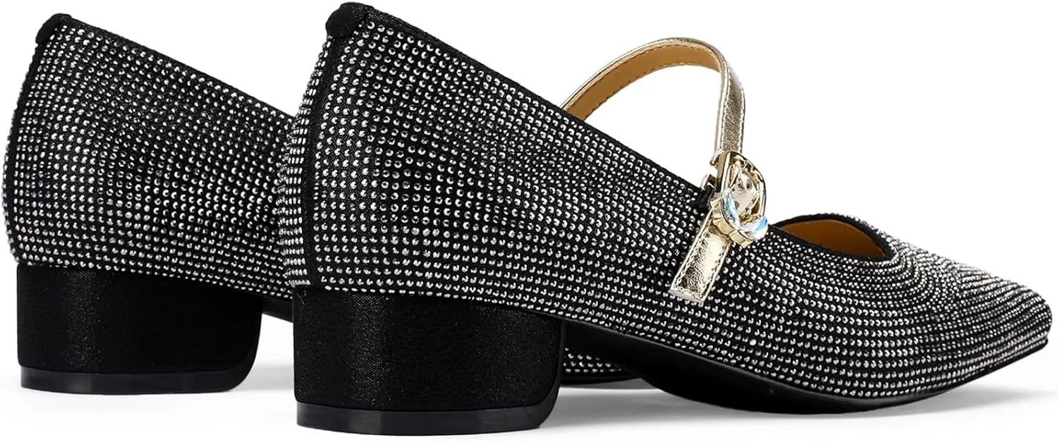Mary Jane Shoes Women 1 Inch Low Heels Chunky Block Square Toe Dress Pumps Vintage Dressy Strap Comfortable Zapatos Width Buckle Classy Rhinestone Crystal