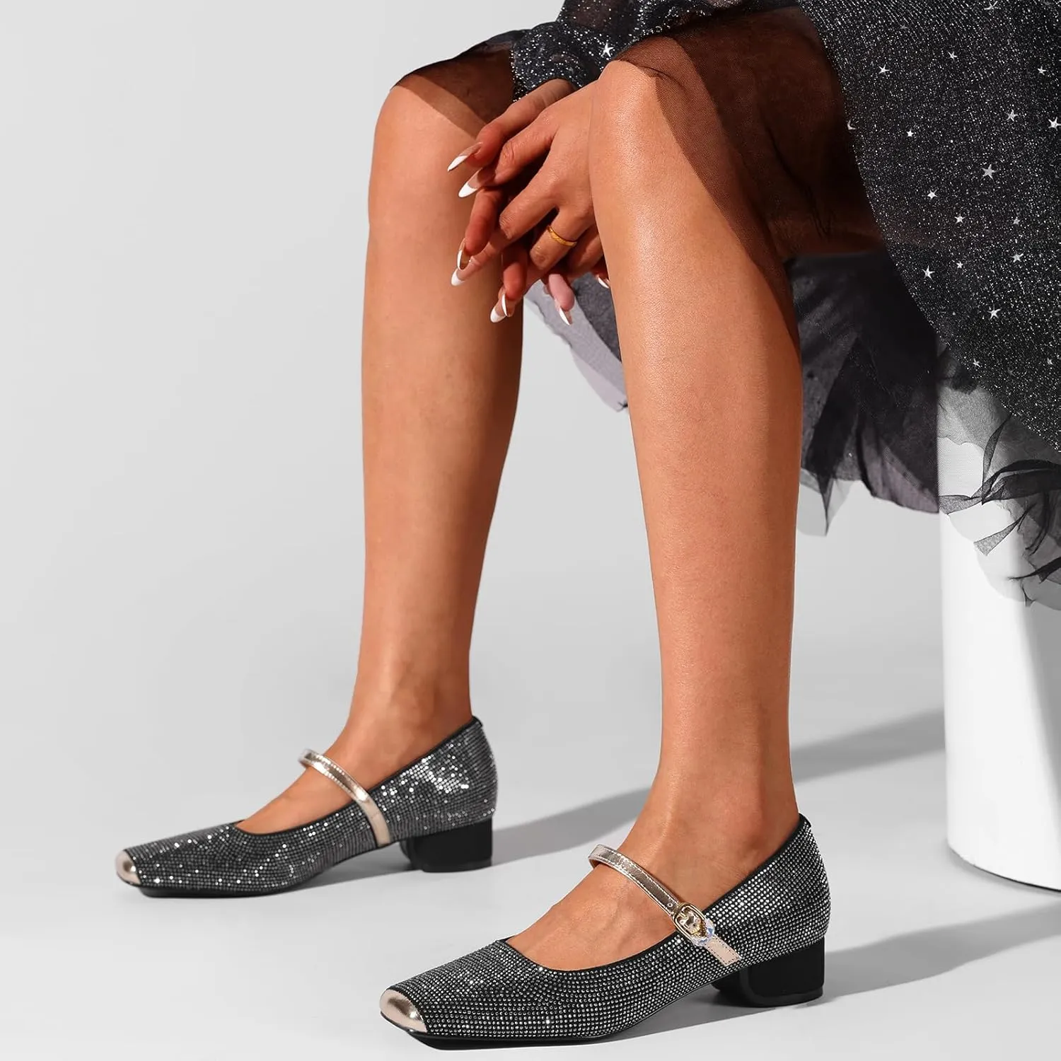 Mary Jane Shoes Women 1 Inch Low Heels Chunky Block Square Toe Dress Pumps Vintage Dressy Strap Comfortable Zapatos Width Buckle Classy Rhinestone Crystal