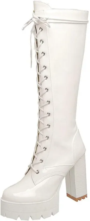 MAVMAX Women's Patent Leather Riding Boots Platform Chunky High Heels Lace up Knee High Combat Boots