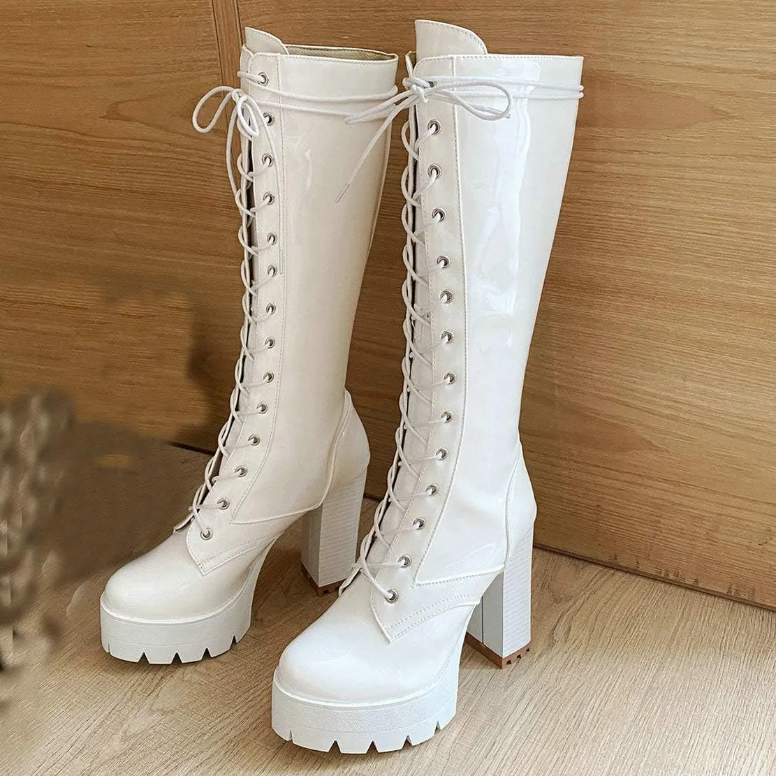 MAVMAX Women's Patent Leather Riding Boots Platform Chunky High Heels Lace up Knee High Combat Boots