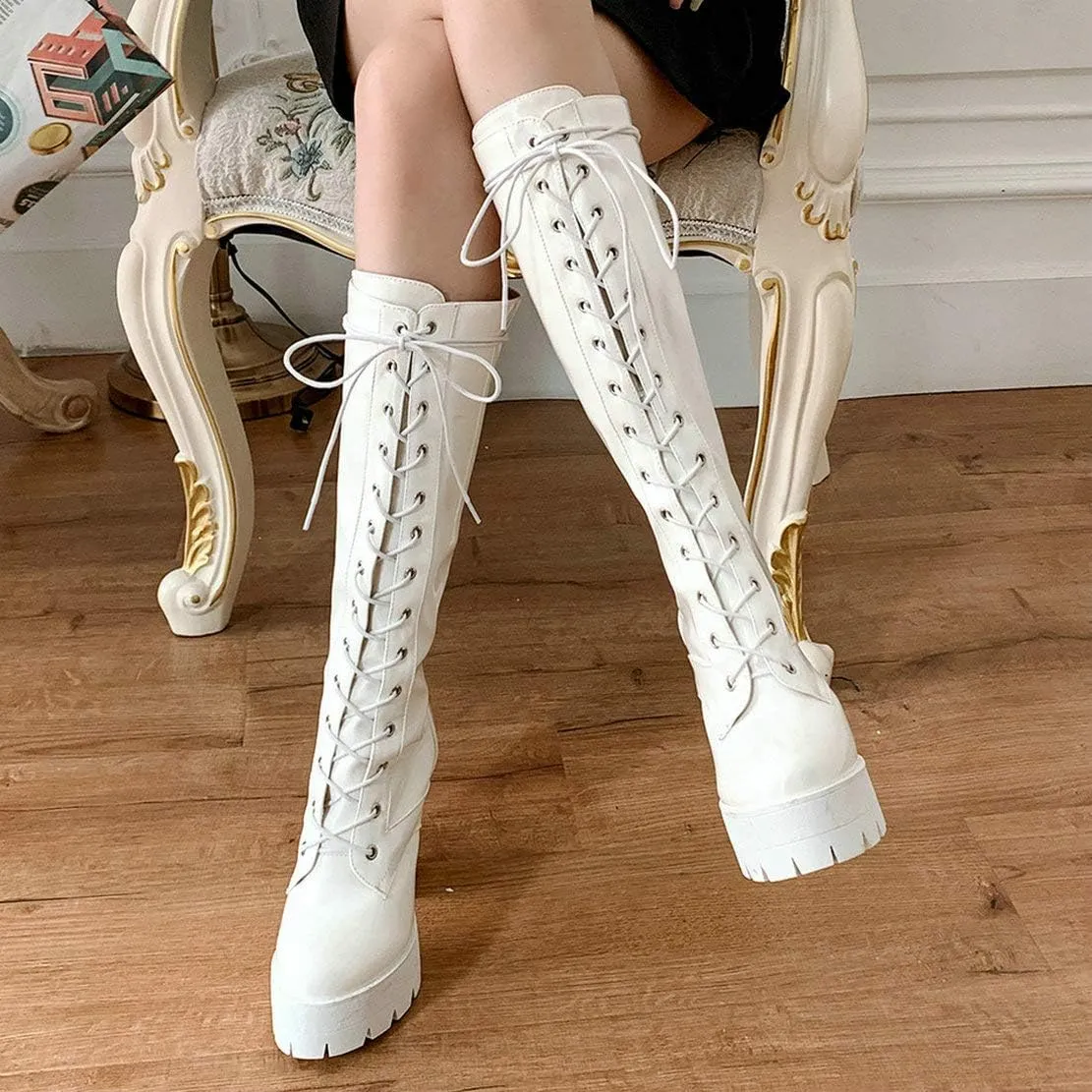 MAVMAX Women's Patent Leather Riding Boots Platform Chunky High Heels Lace up Knee High Combat Boots