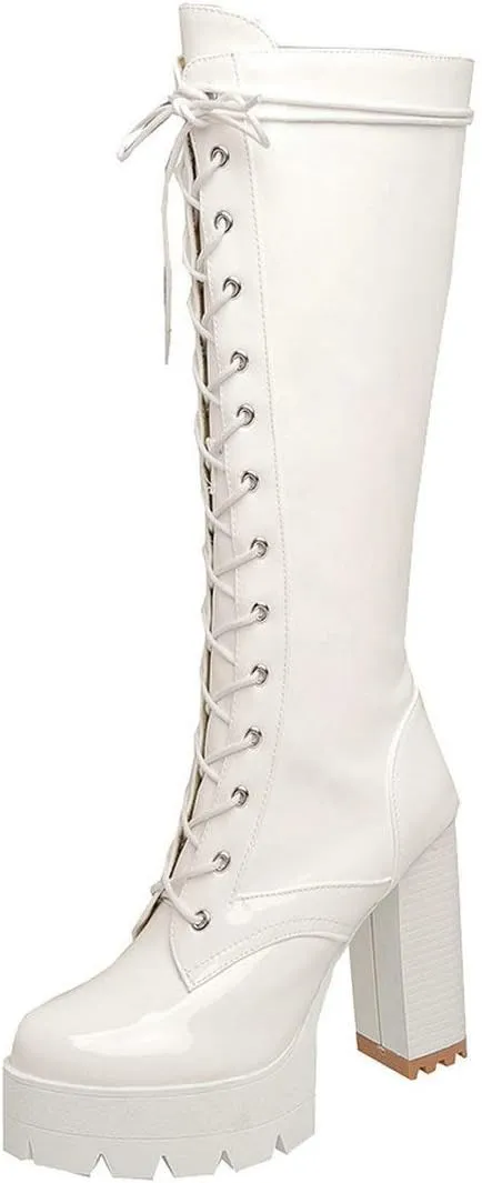 MAVMAX Women's Patent Leather Riding Boots Platform Chunky High Heels Lace up Knee High Combat Boots