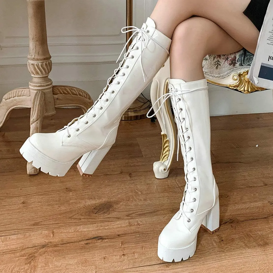 MAVMAX Women's Patent Leather Riding Boots Platform Chunky High Heels Lace up Knee High Combat Boots