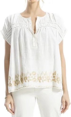 Max Studio Embroidered Cap Sleeve Notch Neck Top