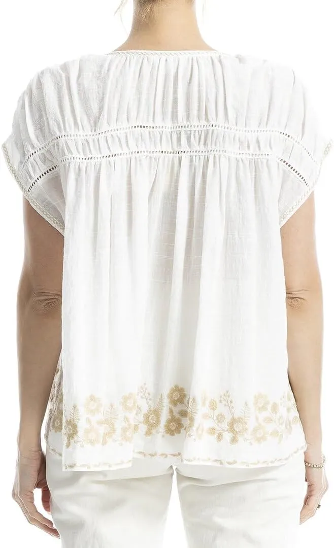 Max Studio Embroidered Cap Sleeve Notch Neck Top