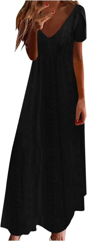Maxi Dresses for Women 2025 Eyelet Casual Short Sleeve V-Neck Sundress Flowy Empire Waist Fashion Summer Dress