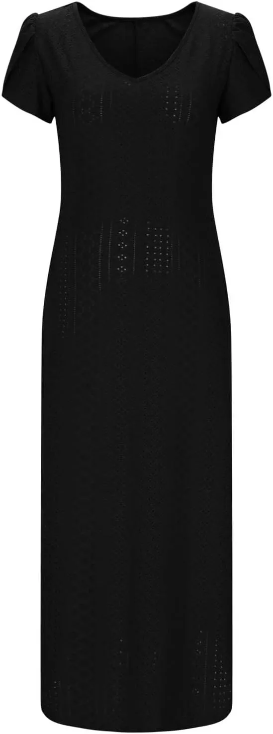 Maxi Dresses for Women 2025 Eyelet Casual Short Sleeve V-Neck Sundress Flowy Empire Waist Fashion Summer Dress