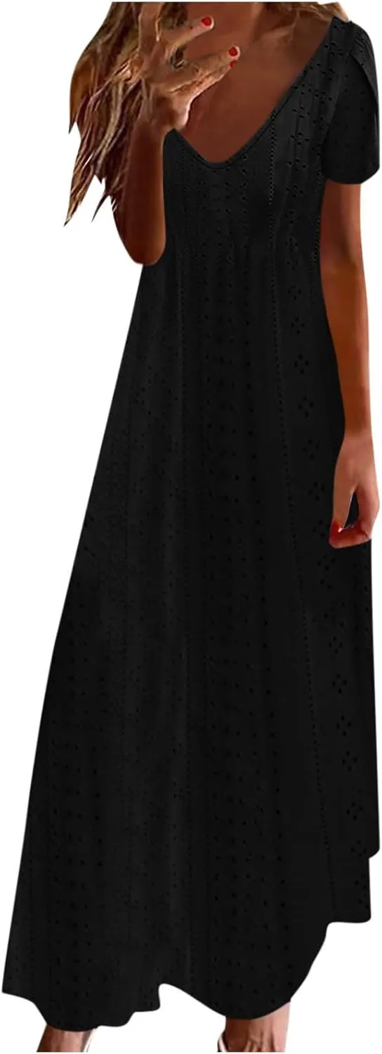 Maxi Dresses for Women 2025 Eyelet Casual Short Sleeve V-Neck Sundress Flowy Empire Waist Fashion Summer Dress
