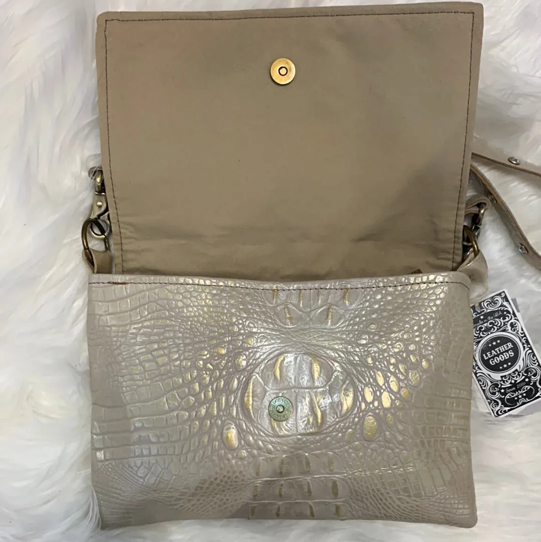 Maxine Gold Distressed Crocodile and Leather Foldover Flap Crossbody