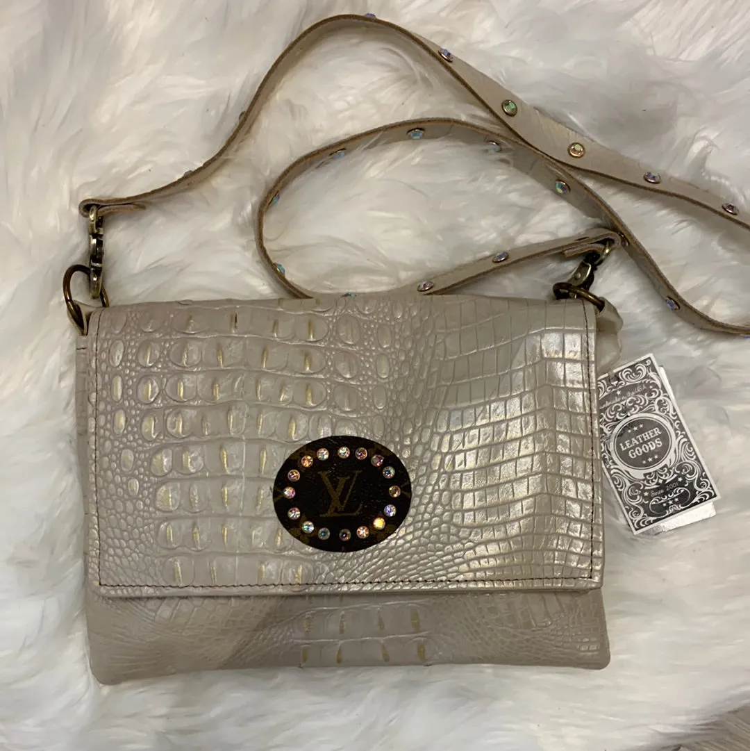 Maxine Gold Distressed Crocodile and Leather Foldover Flap Crossbody