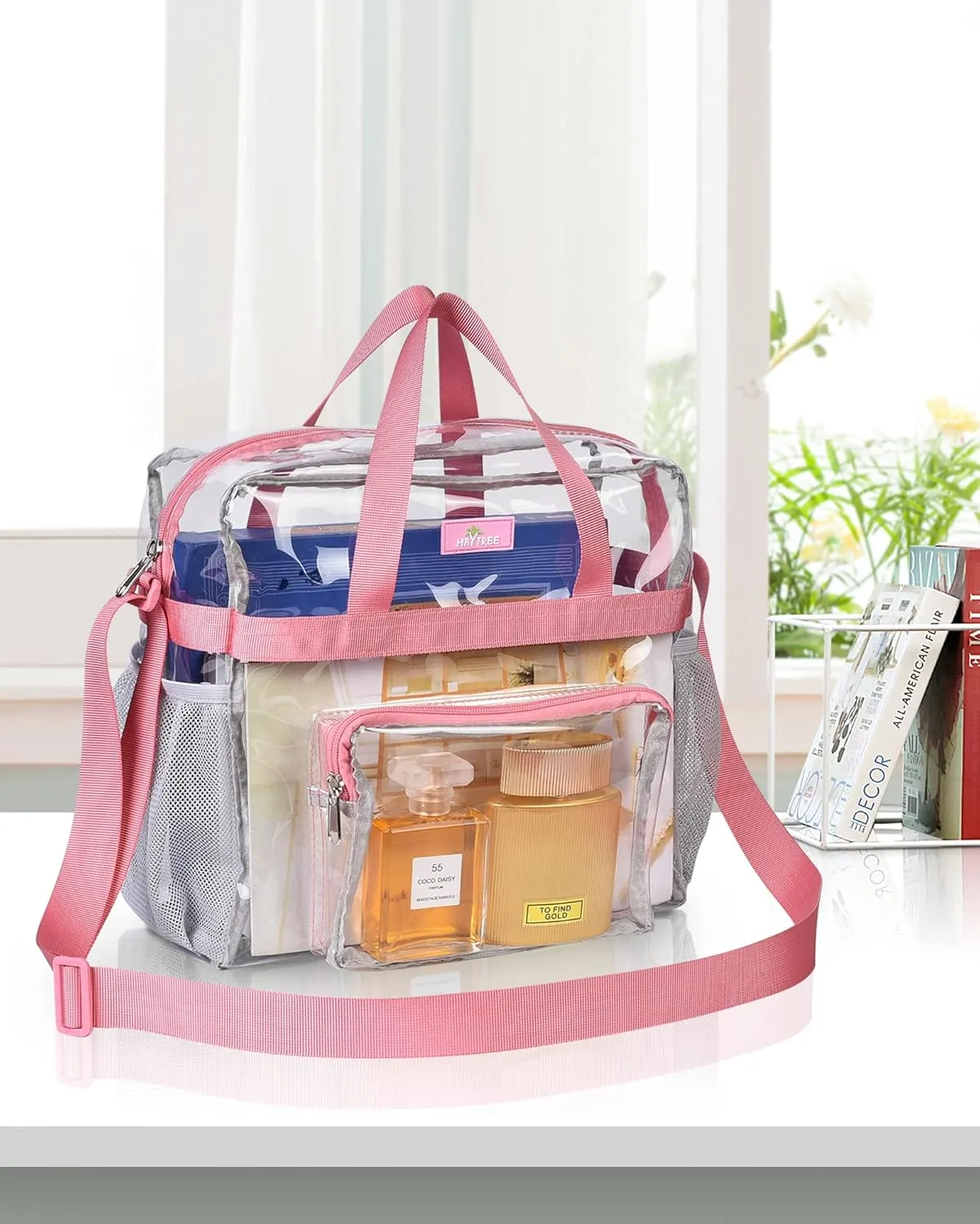 MAY TREE Clear Vinyl Tote Bag, Pink, 12 x 6 x 12 in
