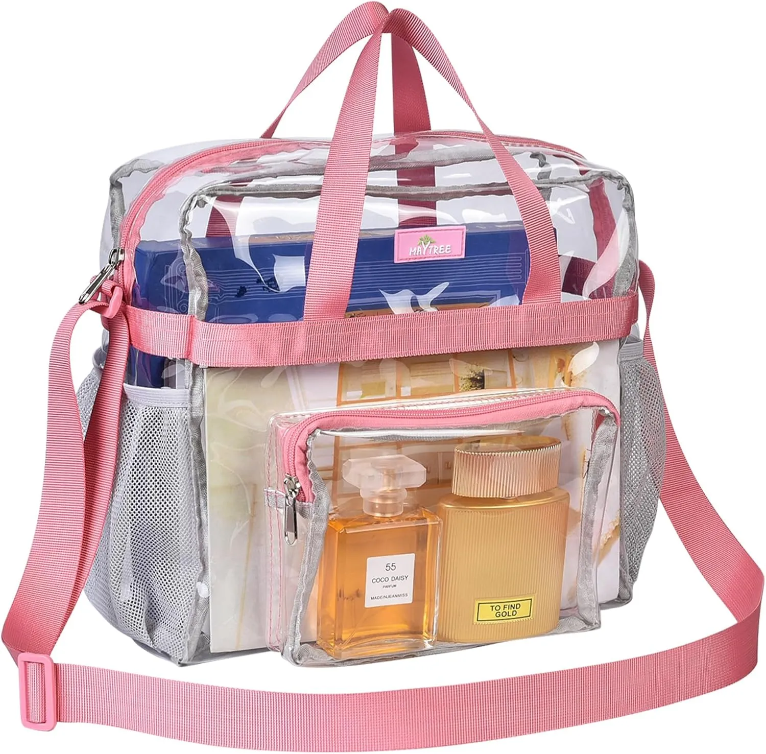 MAY TREE Clear Vinyl Tote Bag, Pink, 12 x 6 x 12 in
