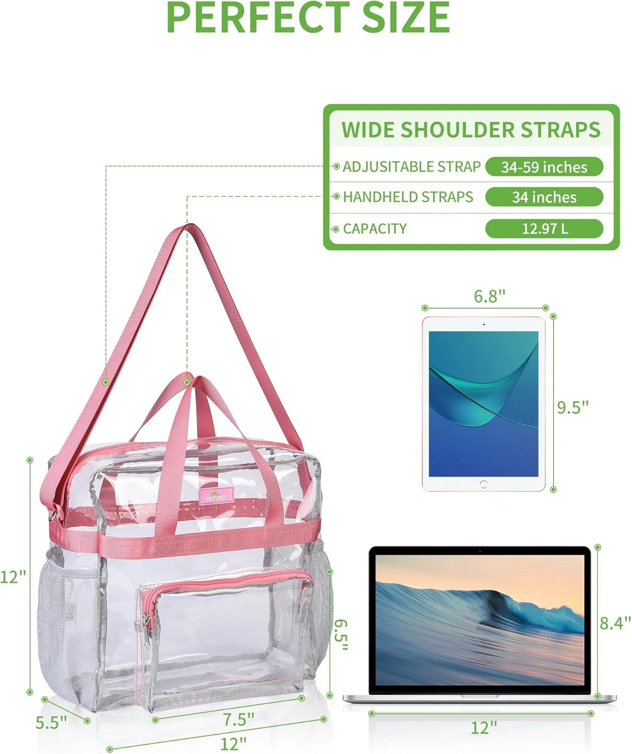 MAY TREE Clear Vinyl Tote Bag, Pink, 12 x 6 x 12 in