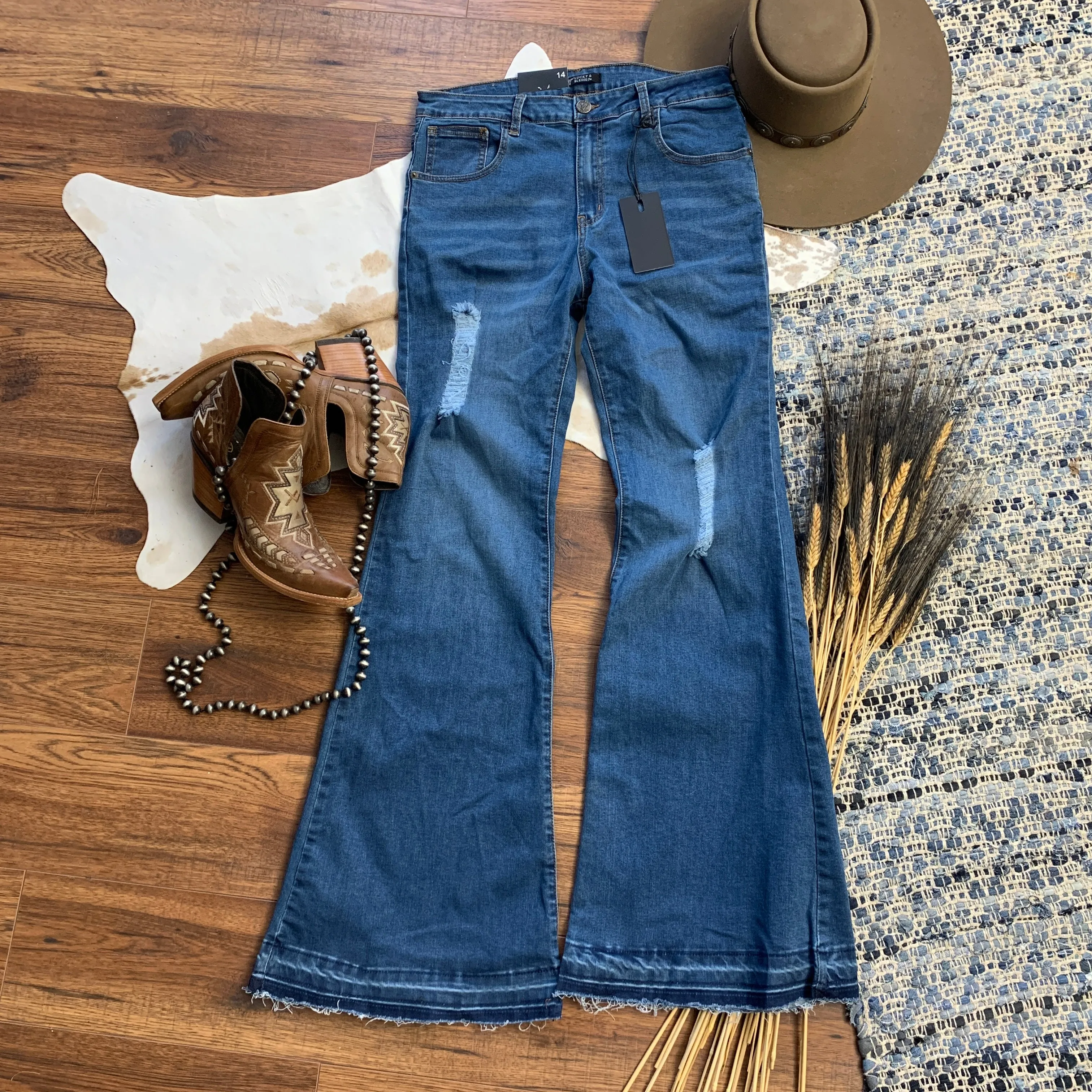 Medium Wash Distressed Flare Jeans