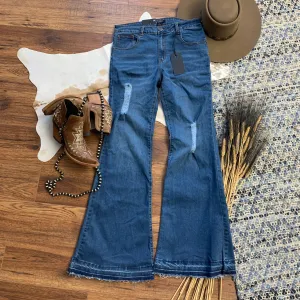 Medium Wash Distressed Flare Jeans