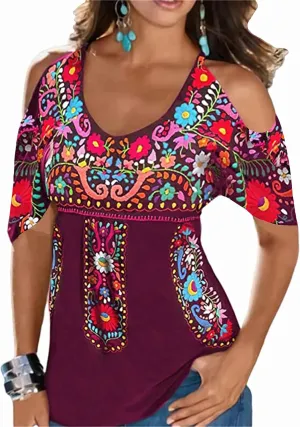 Melliflo Women Embroidered Cold Shoulder Tops Casual Peasant Blouses Summer Short Sleeve Mexican Shirts
